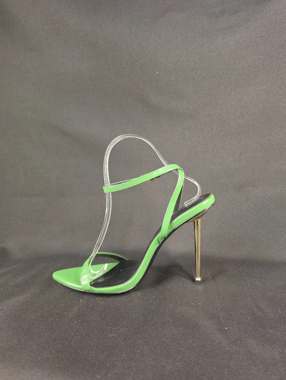 I AM FEMME Emerald Green Patent Stiletto Sandals Gold Heel Motivational Sole 8.5